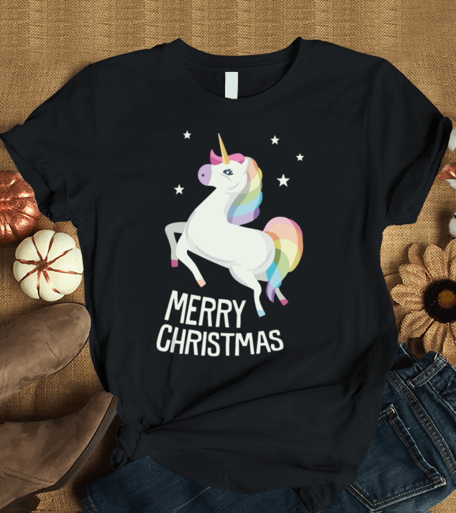 Merry Christmas Unicorn with Rainbow Mane and Stars T-Shirt