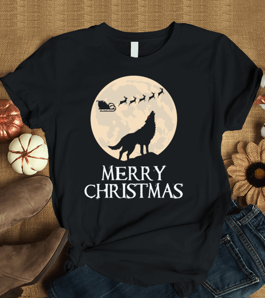 Merry Christmas Wolf Moon Santa Sleigh Reindeer T-Shirt