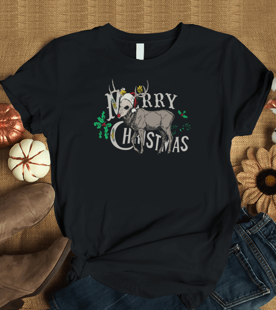 Merry Christmas Zombie Reindeer with Santa Hat and Holly T-Shirt