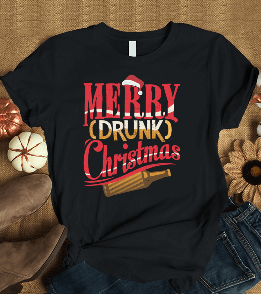 Merry Drunk Christmas Wine Santa Hat with Bottle T-Shirt