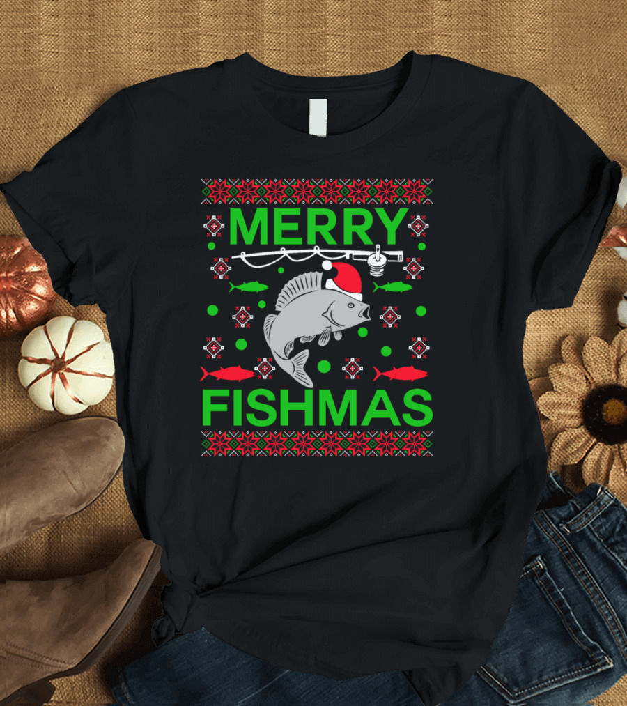 Merry Fishmas Santa Hat Fish Christmas Fishing Ugly T-Shirt