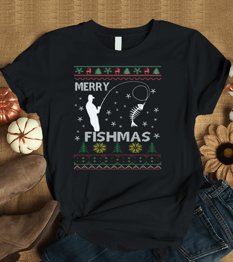 Merry Fishmas Fishing Ugly Christmas Sweater Fishing Pole Snowflakes T-Shirt