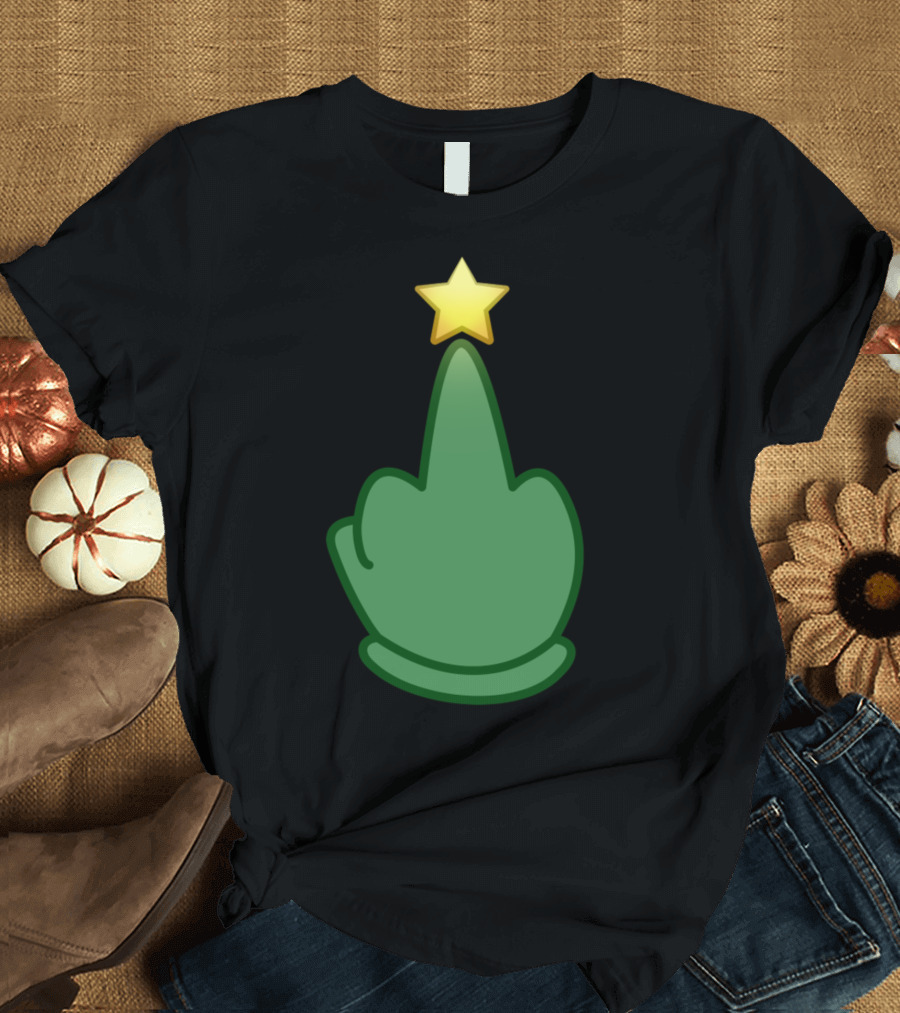 Merry Frickin Emoji Middle Finger Christmas Tree with Star T-Shirt