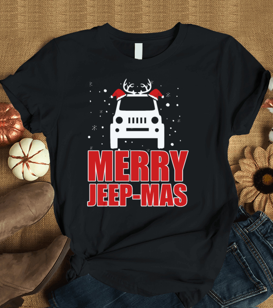 Merry Jeep-Mas Christmas Jeep Reindeer with Antlers and Santa Hats T-Shirt