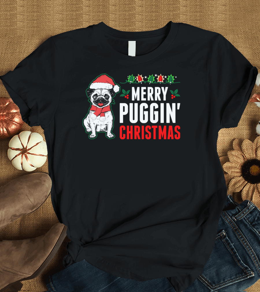 Merry Puggin' Christmas Pug Santa Hat Holly Berries T-Shirt