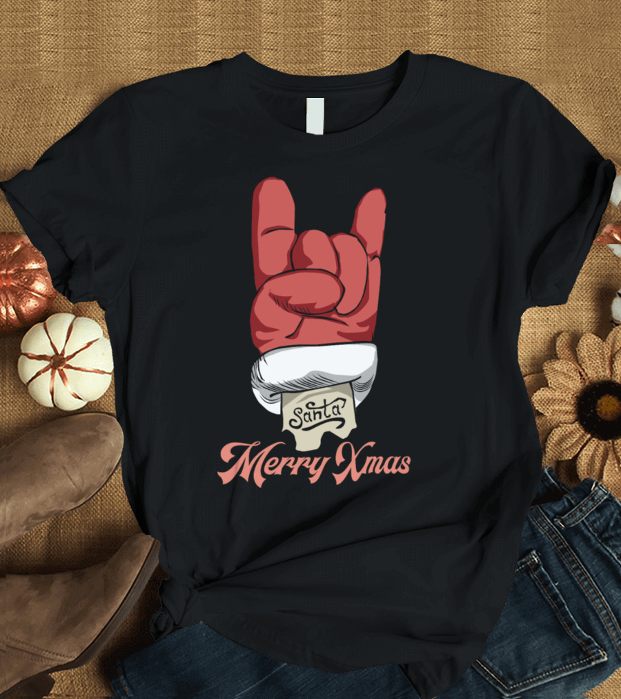 Santa Merry Xmas Rock Hand Gesture T-Shirt