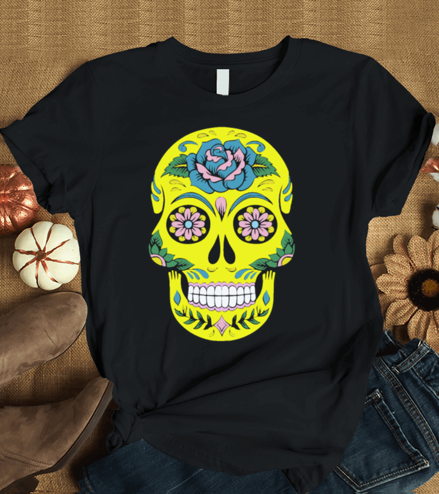 Colorful Day of the Dead Skull with Floral T-Shirt