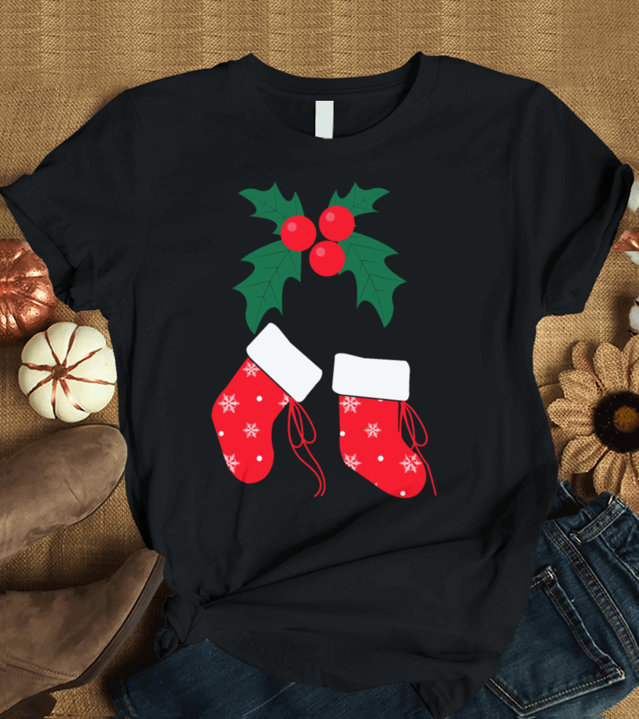 Mistletoe Red Socks Christmas Snowflakes T-Shirt