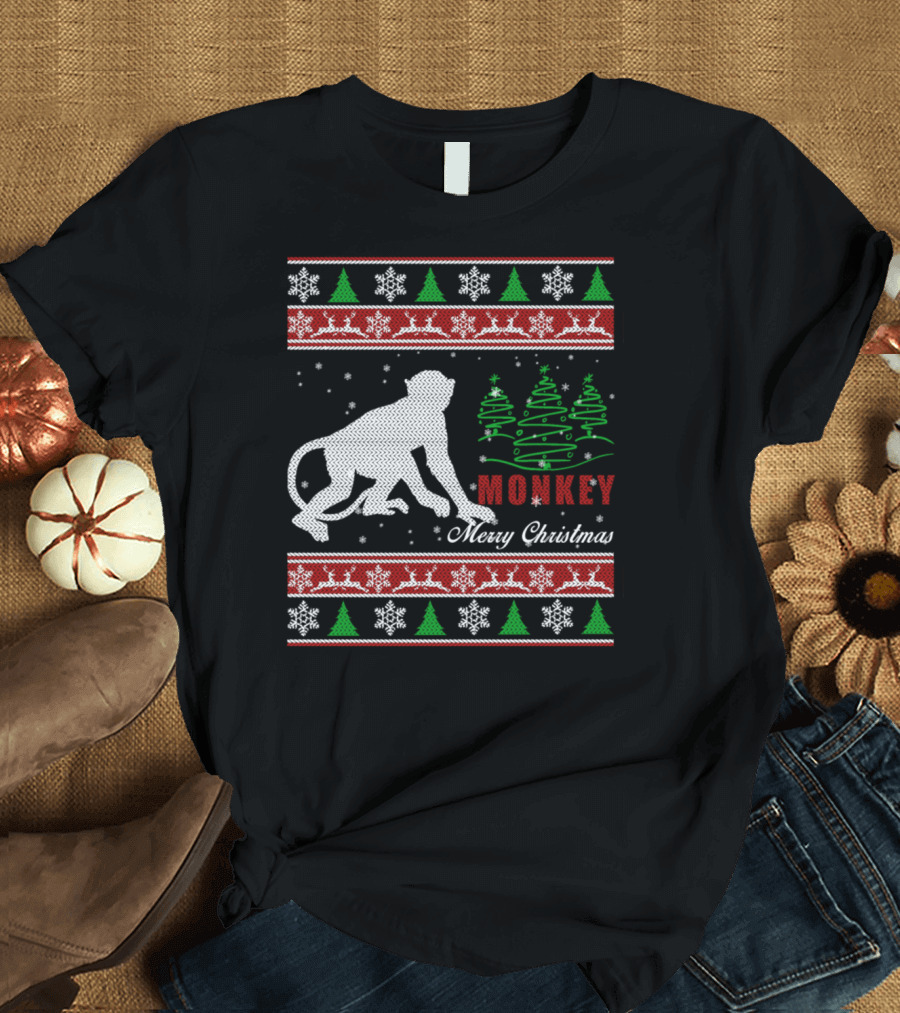 Monkey Merry Christmas Snowflakes Trees T-Shirt