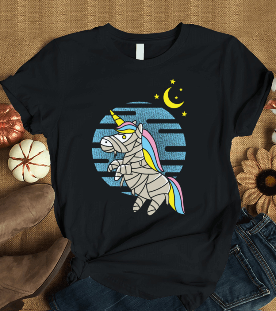 Mummy Unicorn Crescent Moon Blue Night Sky T-Shirt