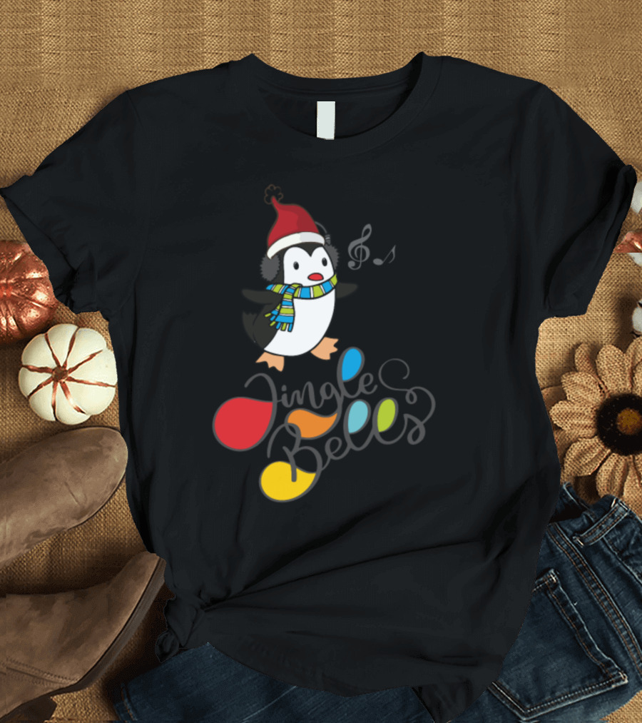 Jingle Bells Music Penguin Wearing Santa Hat and Scarf T-Shirt
