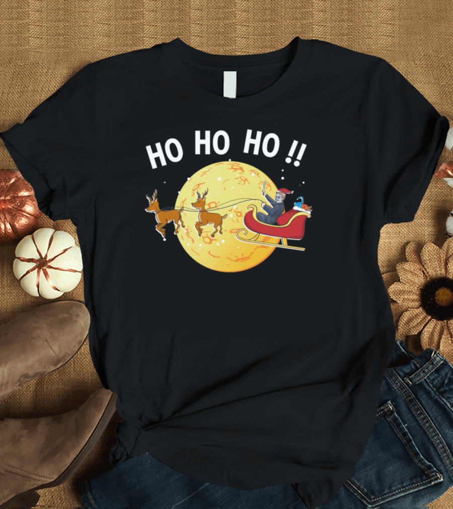 HO HO HO Myers Horror Santa Claus Moon Riding Sleigh with Reindeer T-Shirt