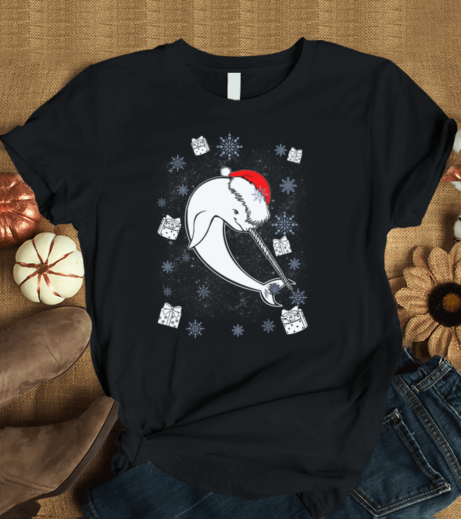 Narwhal Whale Unicorn Santa with Presents and Snowflakes T-Shirt