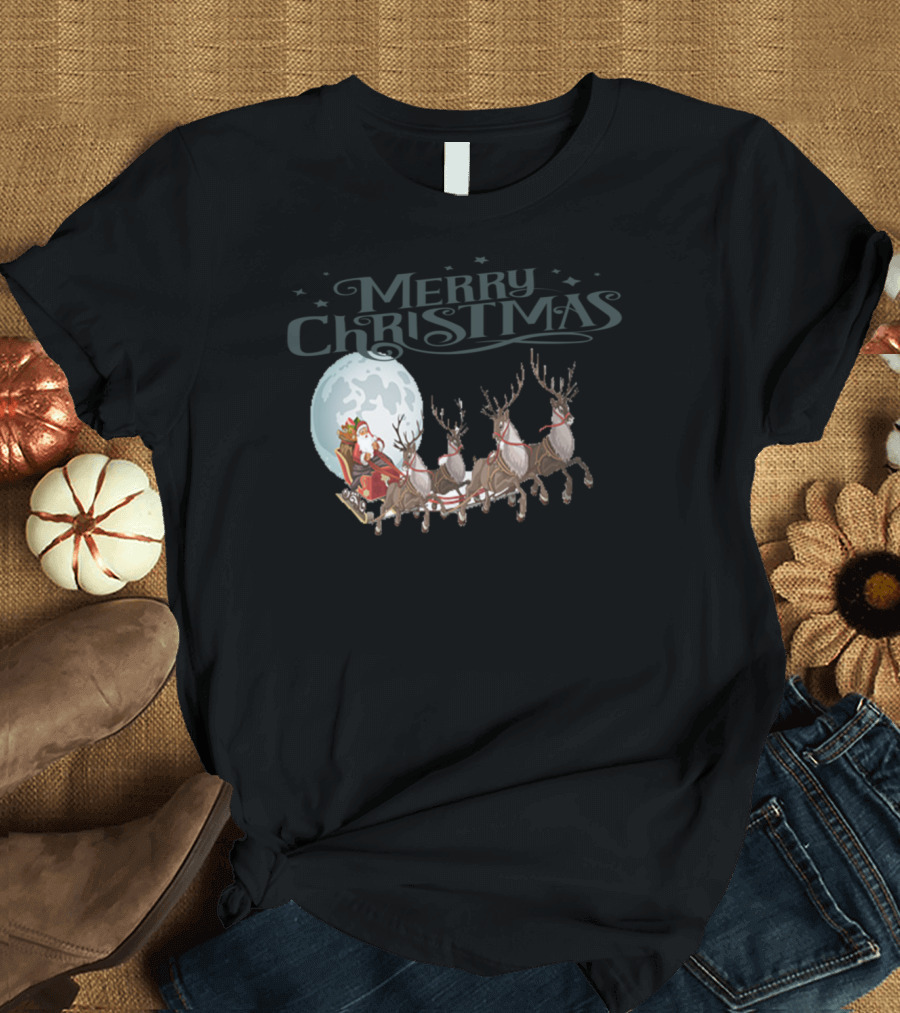 Merry Christmas Santa Sleigh Reindeer Moon T-Shirt