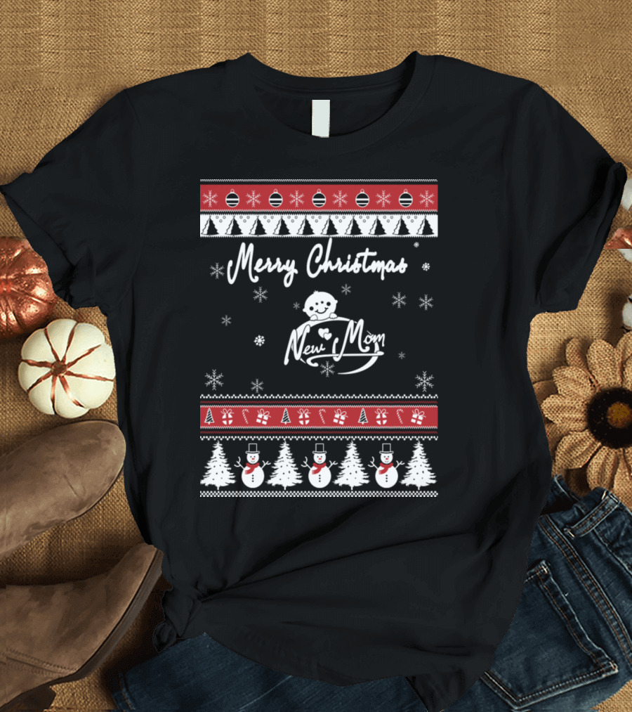 Merry Christmas New Mom Snowman Trees Ornaments Snowflakes T-Shirt
