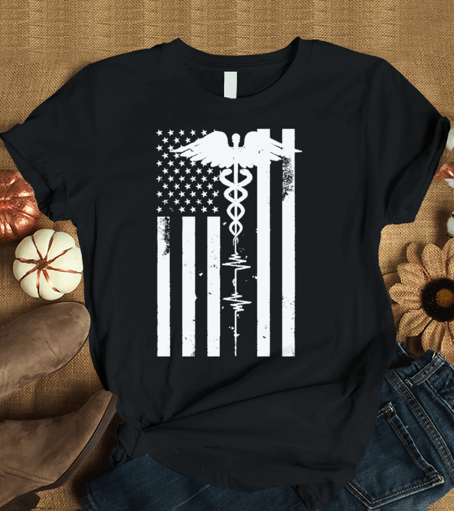 Patriot Nurse Caduceus Thin Red Line Distressed US Flag T-Shirt