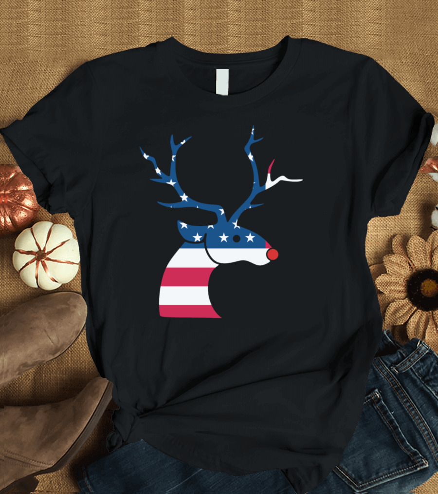 Patriotic Christmas Reindeer With American Flag Antlers and Stripes T-Shirt