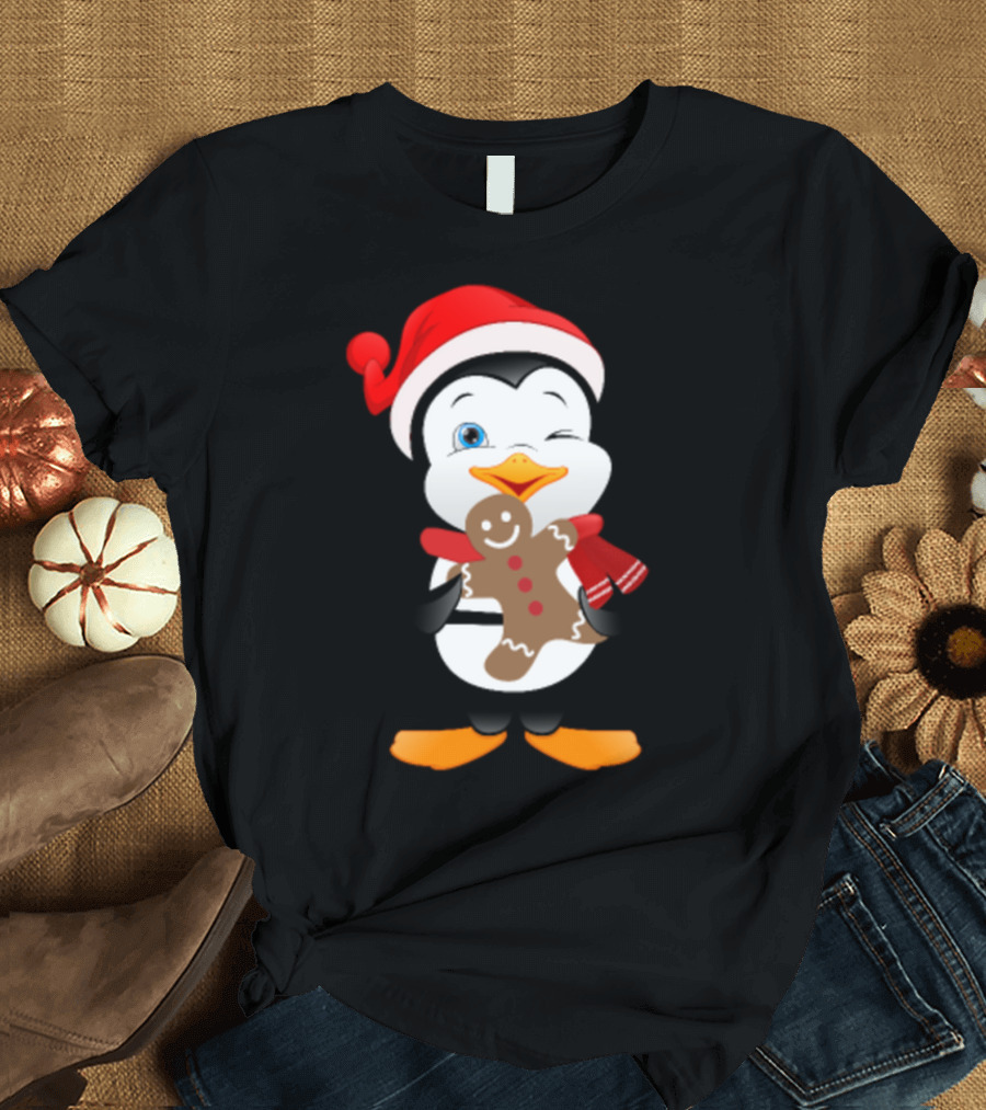 Penguin Santa Hat Gingerbread Cookie T-Shirt