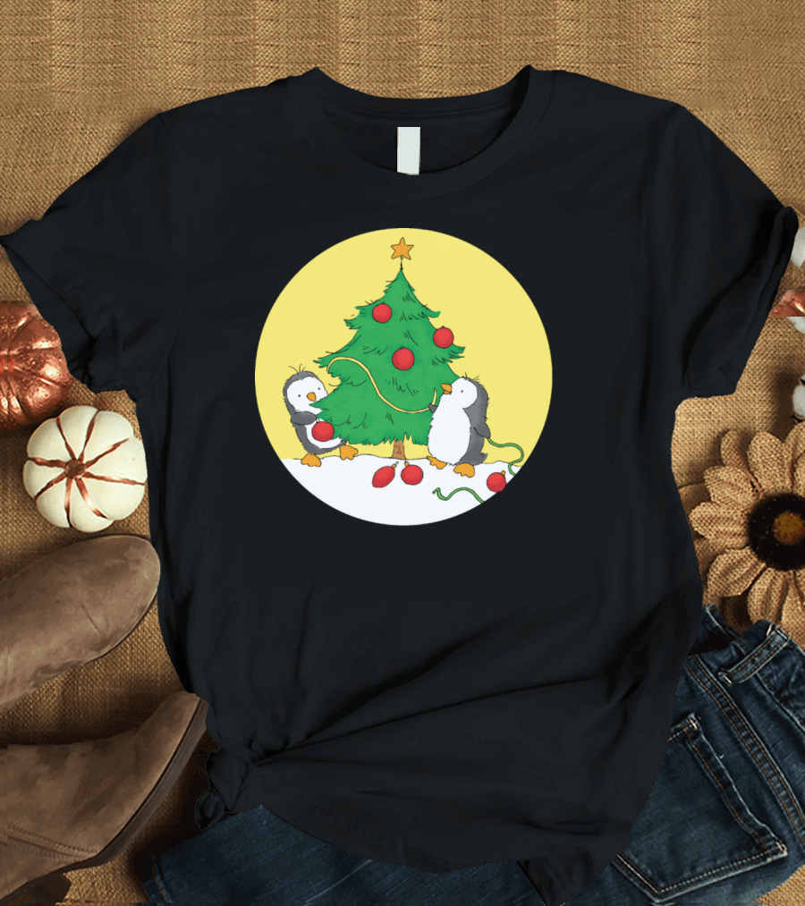 Penguins Decorating Christmas Tree with Red Ornaments and Yellow Star T-Shirt