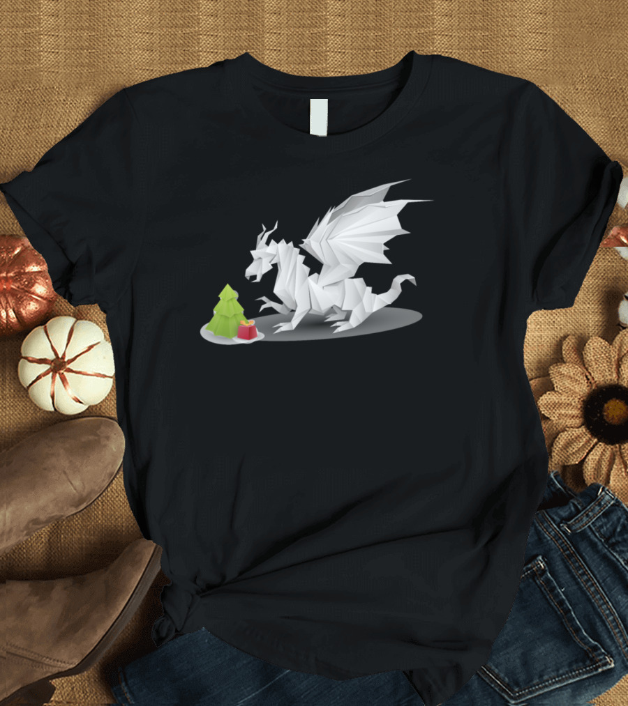 Polygon Dragon with Christmas Tree and Red Present T-Shirt