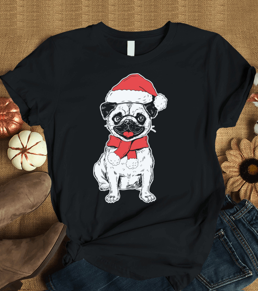 Pug Wearing Santa Hat and Scarf T-Shirt