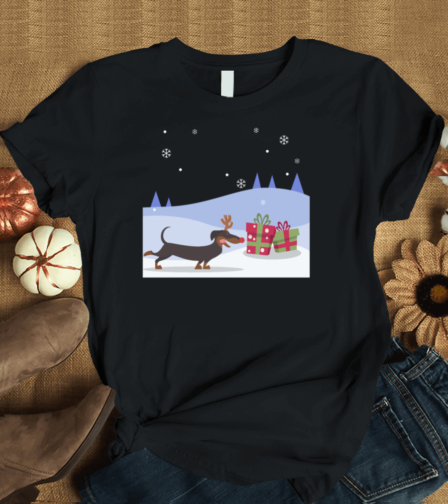 Reindeer Dachshund Dog with Antlers and Christmas Gifts in Snowy Scene T-Shirt