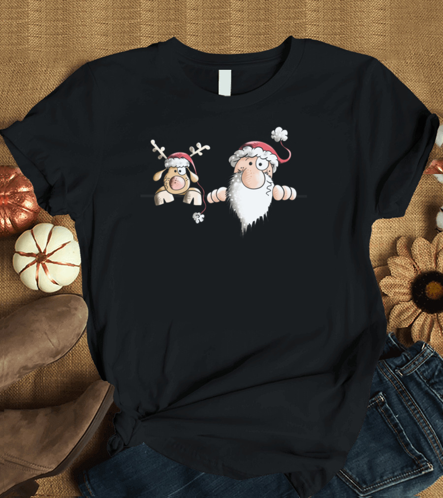 Santa Claus and Reindeer Peeking with Santa Hats and Beards T-Shirt