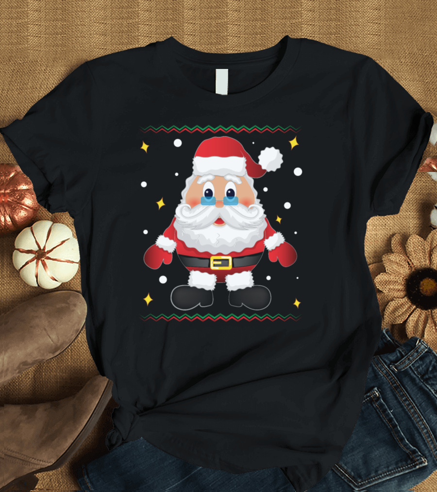 Santa Claus Merry Christmas Cute Cartoon Santa with Stars and Snowflakes T-Shirt