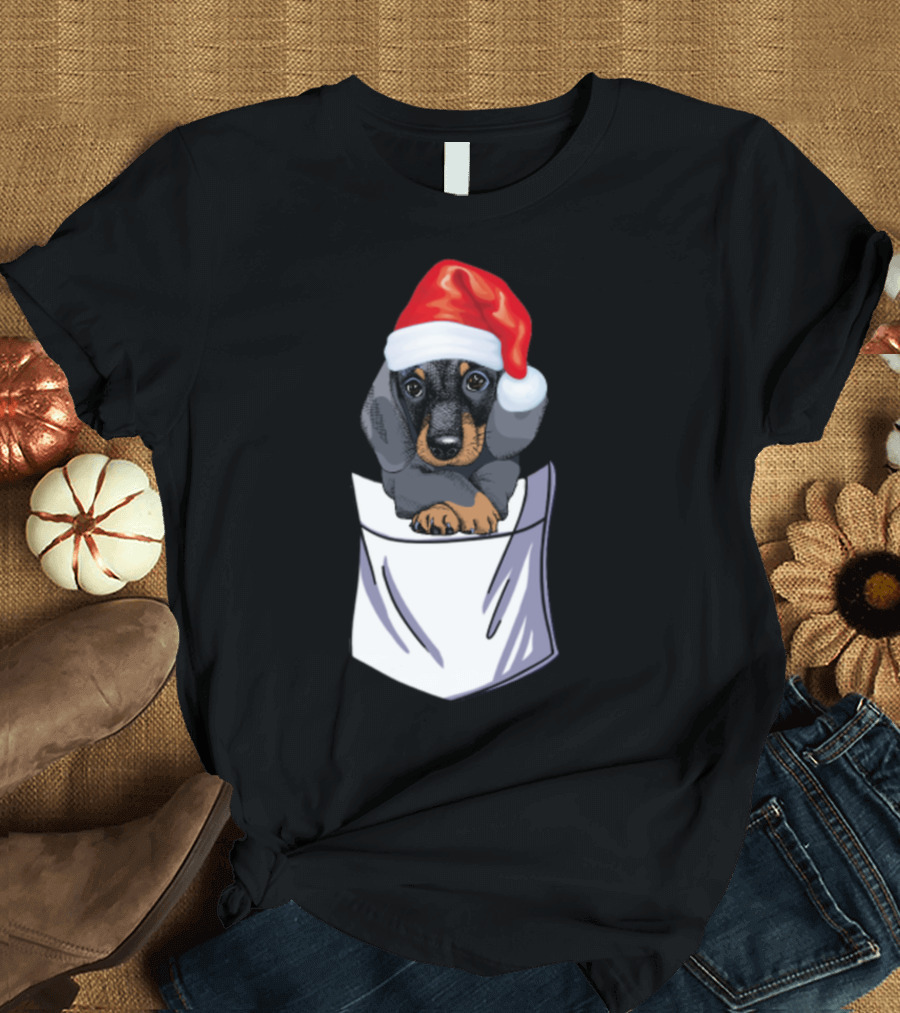 Santa Dachshund in Pocket with Christmas Hat T-Shirt