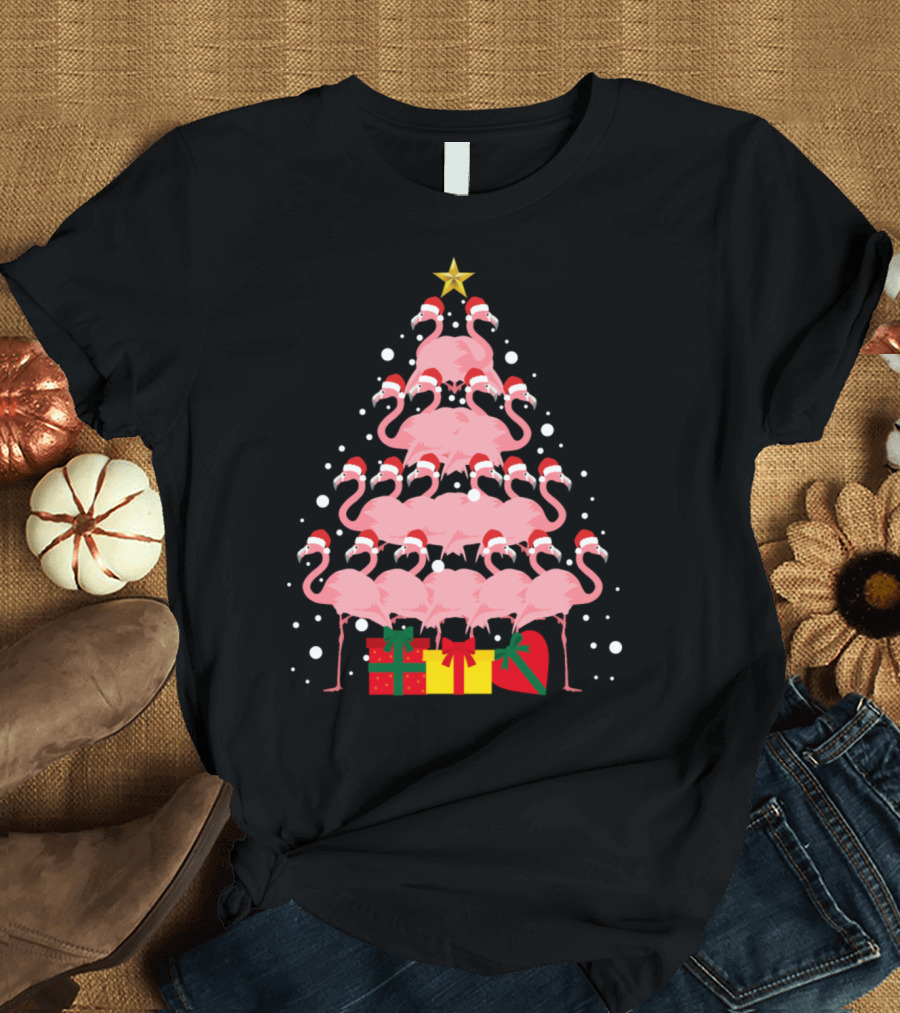 Santa Flamingo Christmas Tree with Presents and Star T-Shirt