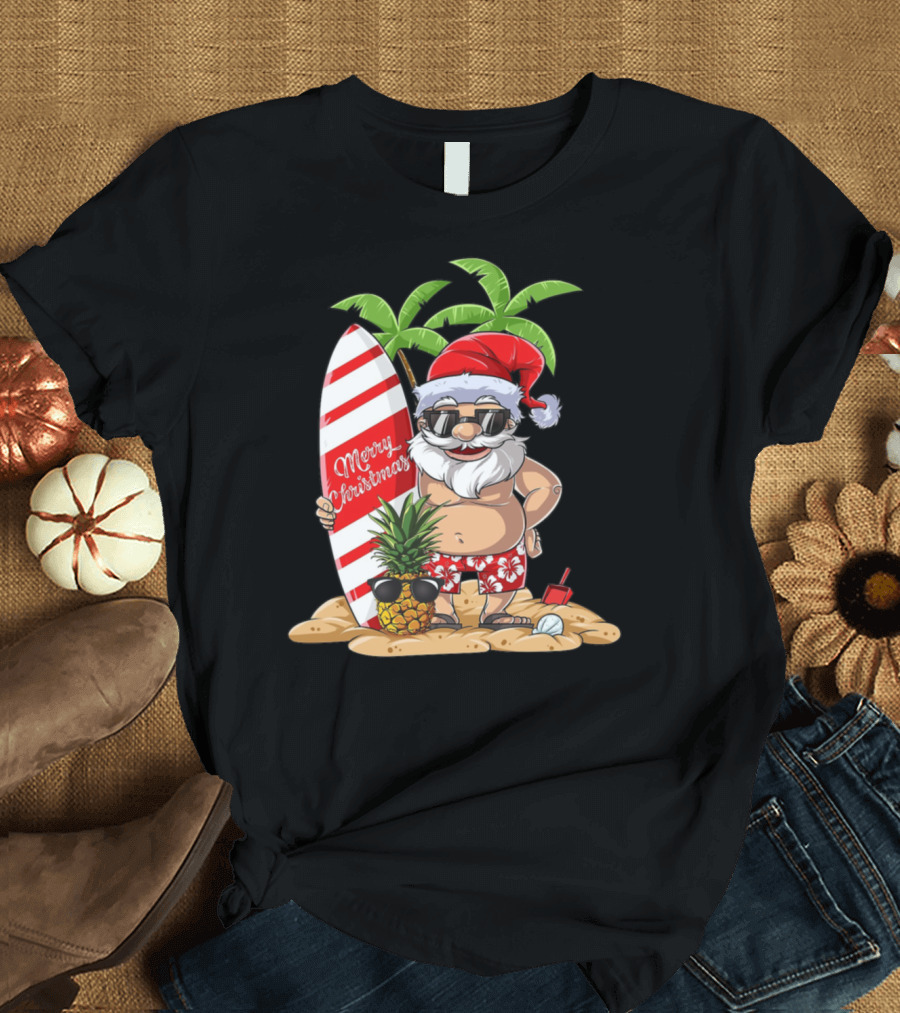 Merry Christmas Santa Surfing on Tropical Beach with Surfboard and Pineapple T-Shirt