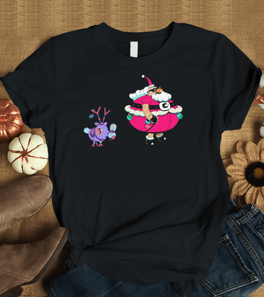 Santa Walking Funky Purple Reindeer T-Shirt