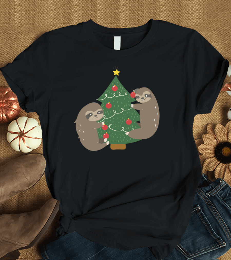 Sloths Decorating Christmas Tree with Ornaments and Star T-Shirt