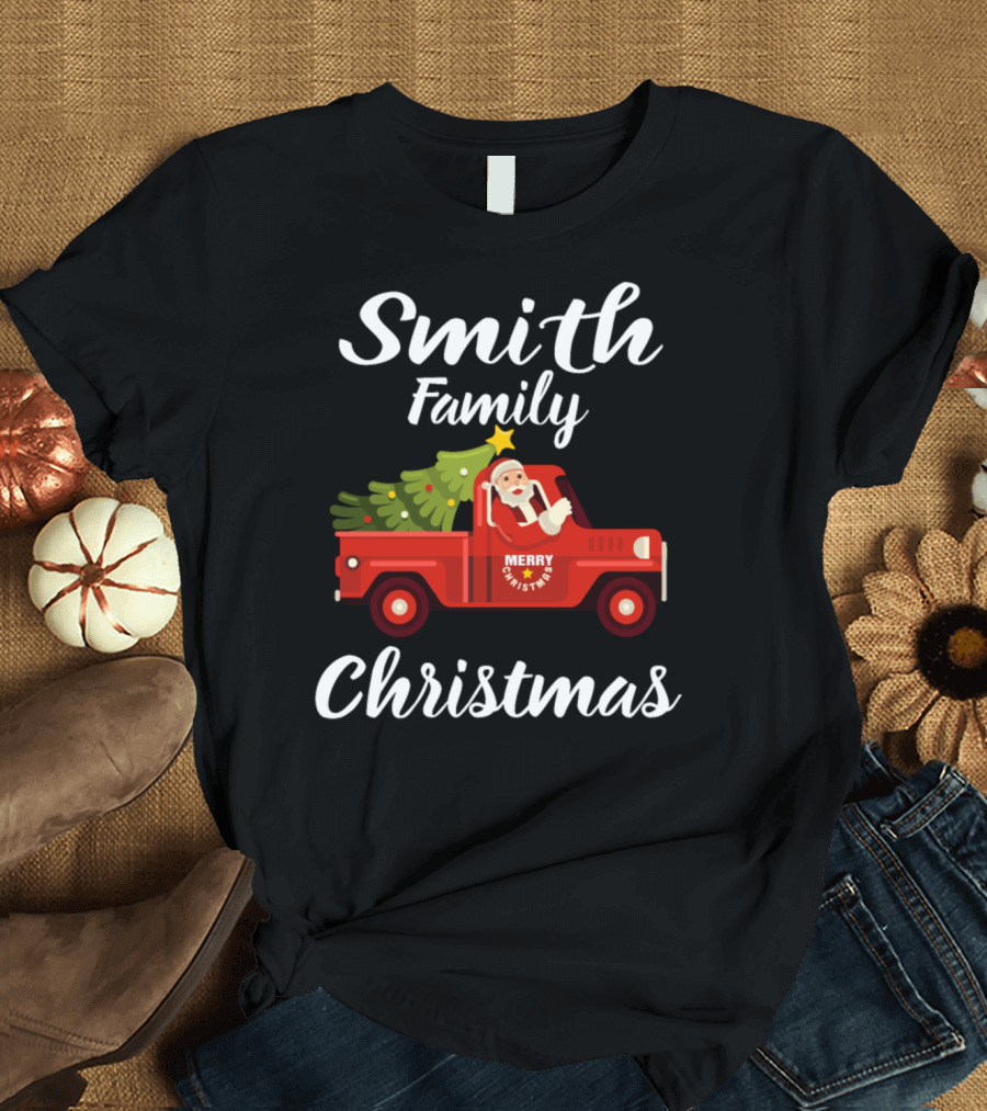 Smith Family Christmas Merry Christmas Red Truck Santa Holiday Tree T-Shirt
