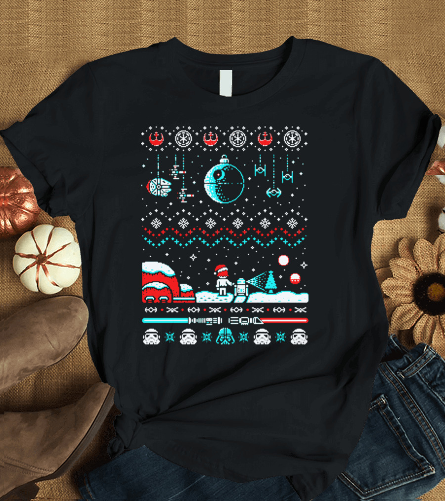 Star Wars Ugly Christmas Sweater Millennium Falcon Death Star TIE Fighter Santa Vader Stormtrooper R2-D2 C-3PO Winter Scene T-Shirt