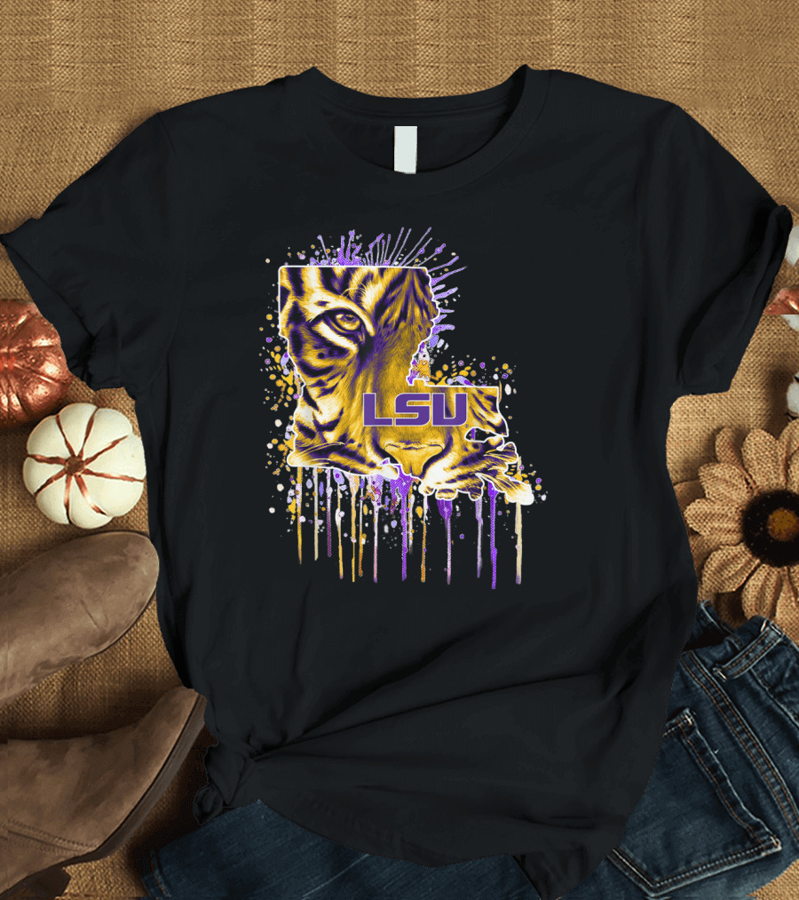LSU Tigers Map with Tiger Eye and Gameday Colors T-Shirt