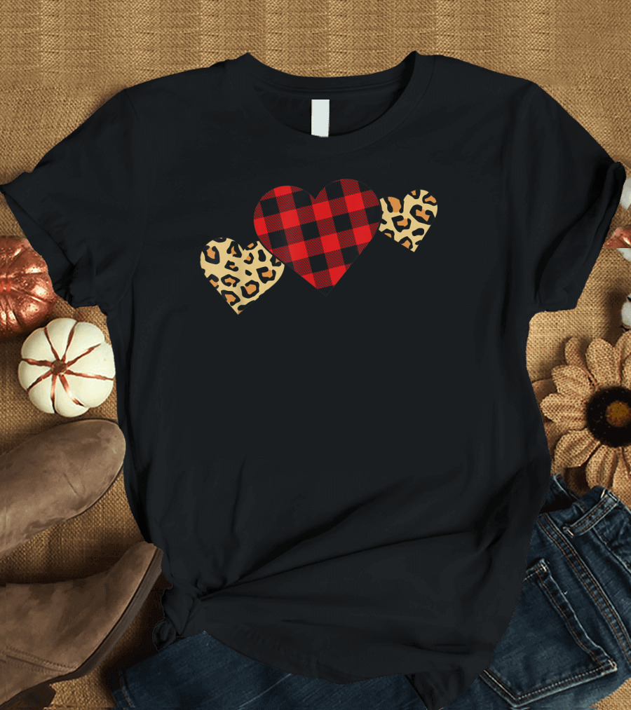 Leopard Buffalo Plaid Heart Love T-Shirt