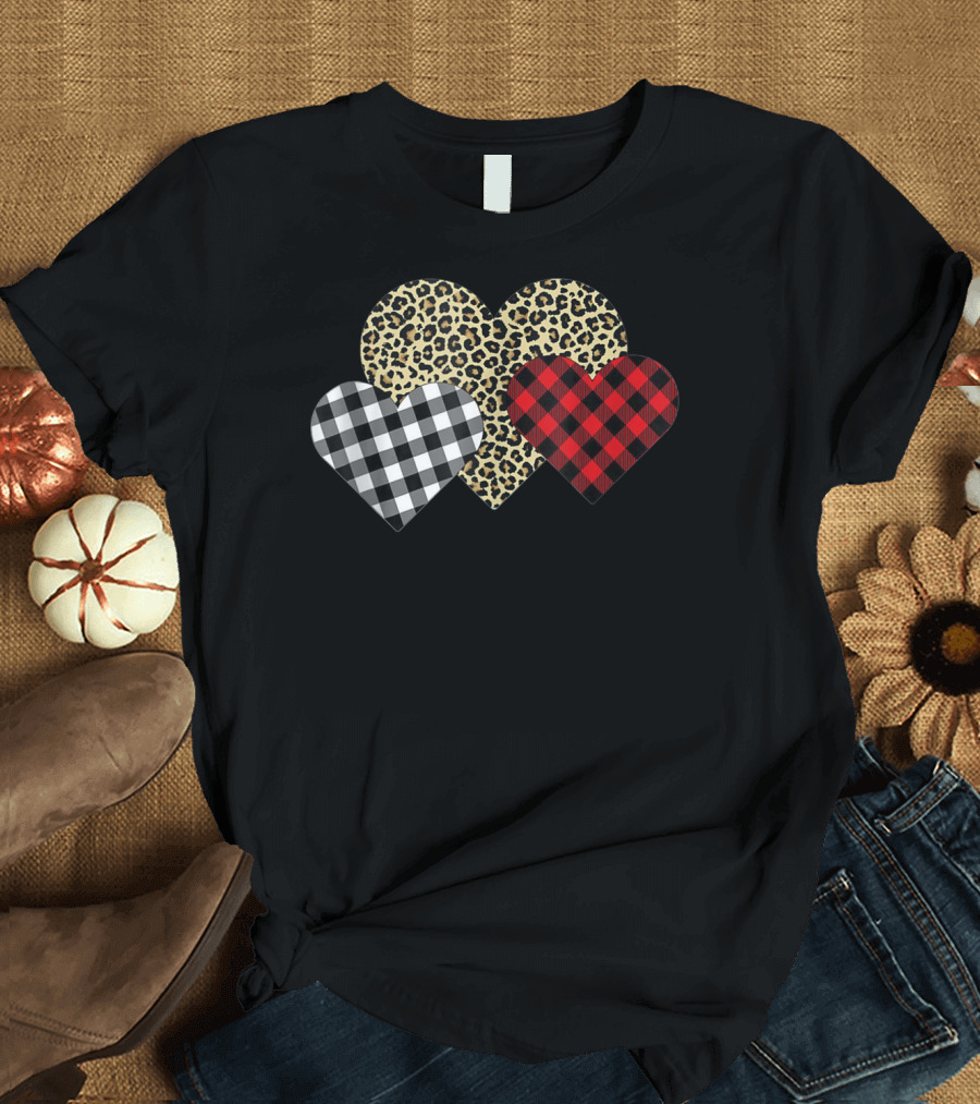 Valentine Leopard Buffalo Plaid Hearts Trio T-Shirt