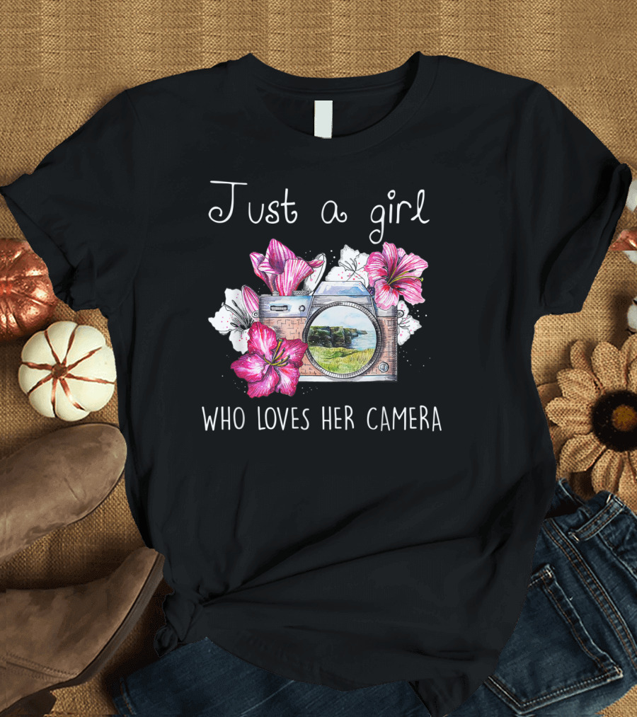 Just A Girl Who Loves Her Camera With Floral Photography Passion T-Shirt