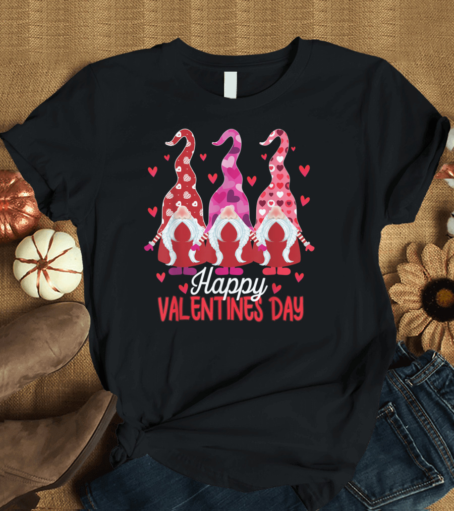 Happy Valentines Day 3 Gnomes Valentine Hearts Cute Valentine's T-Shirt