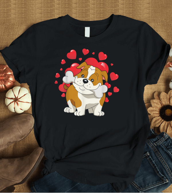T-Shirt: Adorable Bulldog Puppy Surrounded by Hearts Valentine's Day Love T-Shirt Adorable Bulldog Puppy Surrounded by Hearts Valentine's Day Love T-Shirt