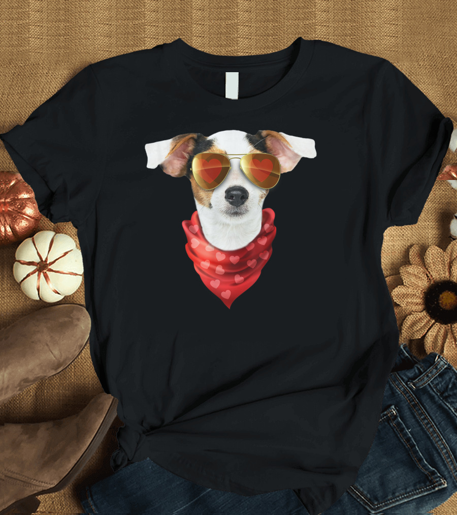 Jack Russell Terrier with Heart Sunglasses and Red Bandana Valentine T-Shirt