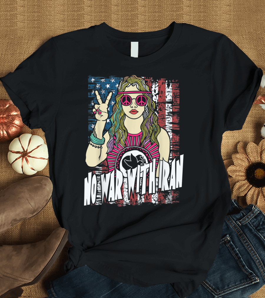 No War With Iran Peace Sign Hippie Style American Flag Background T-Shirt