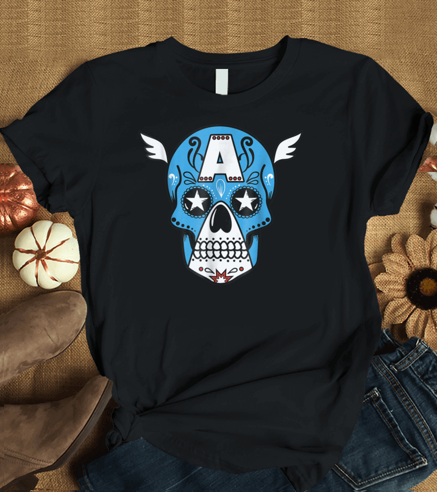 Marvel Avengers Captain America Blue Sugar Skull Face with Stars and Wings T-Shirt