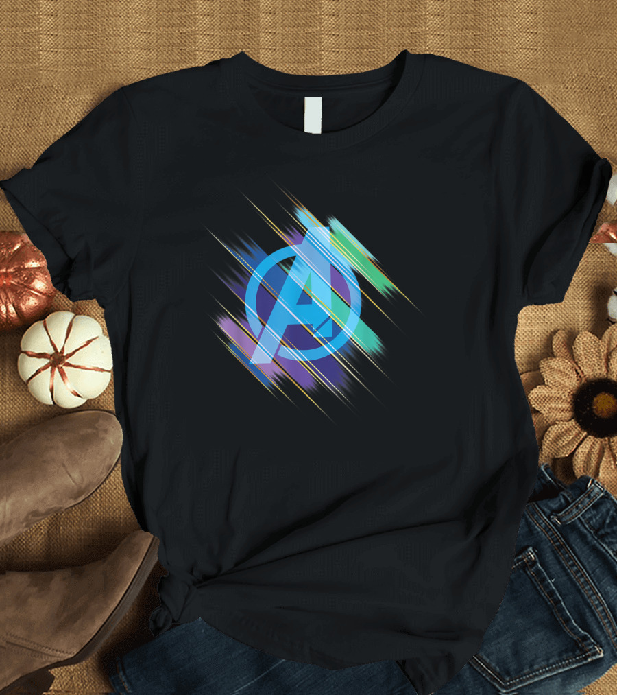 Marvel Avengers Endgame Blurred Ink Logo with Colorful Streaks T-Shirt