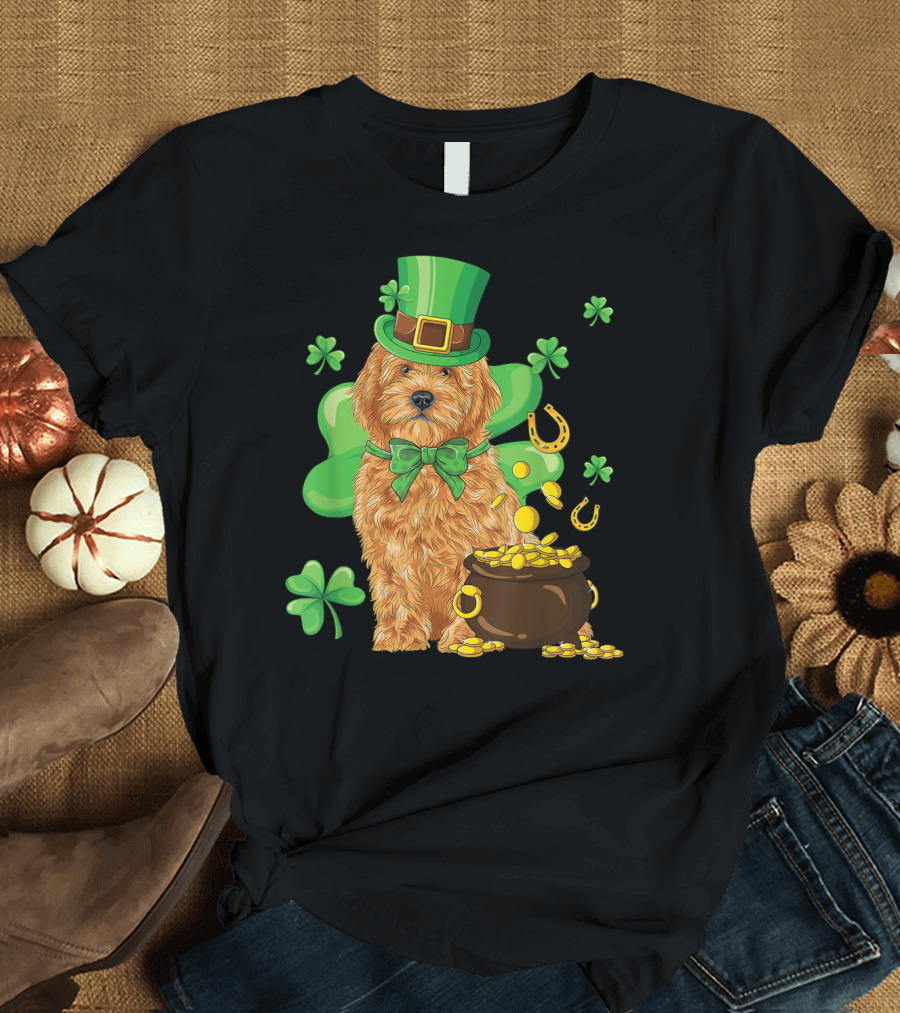 Goldendoodle St Patrick's Day Irish with Pot of Gold and Shamrocks T-Shirt