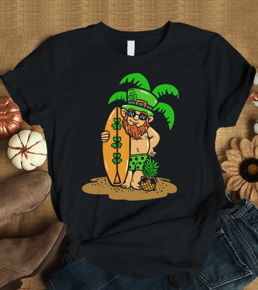 Hawaiian Leprechaun With Shamrock Surfboard Under Palm Trees For Saint Patrick's Day T-Shirt