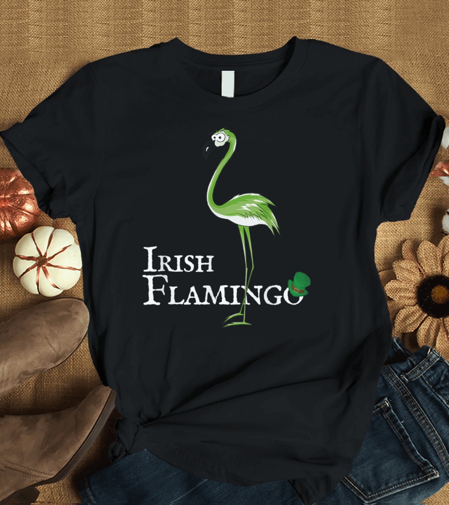Funky Green Irish Flamingo with Hat T-Shirt