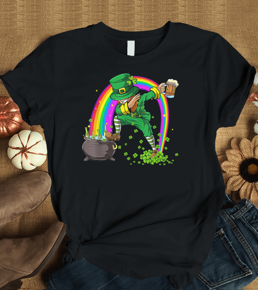 Leprechaun Dab Dance with Beer and Rainbow Funny Saint Patrick's Day T-Shirt