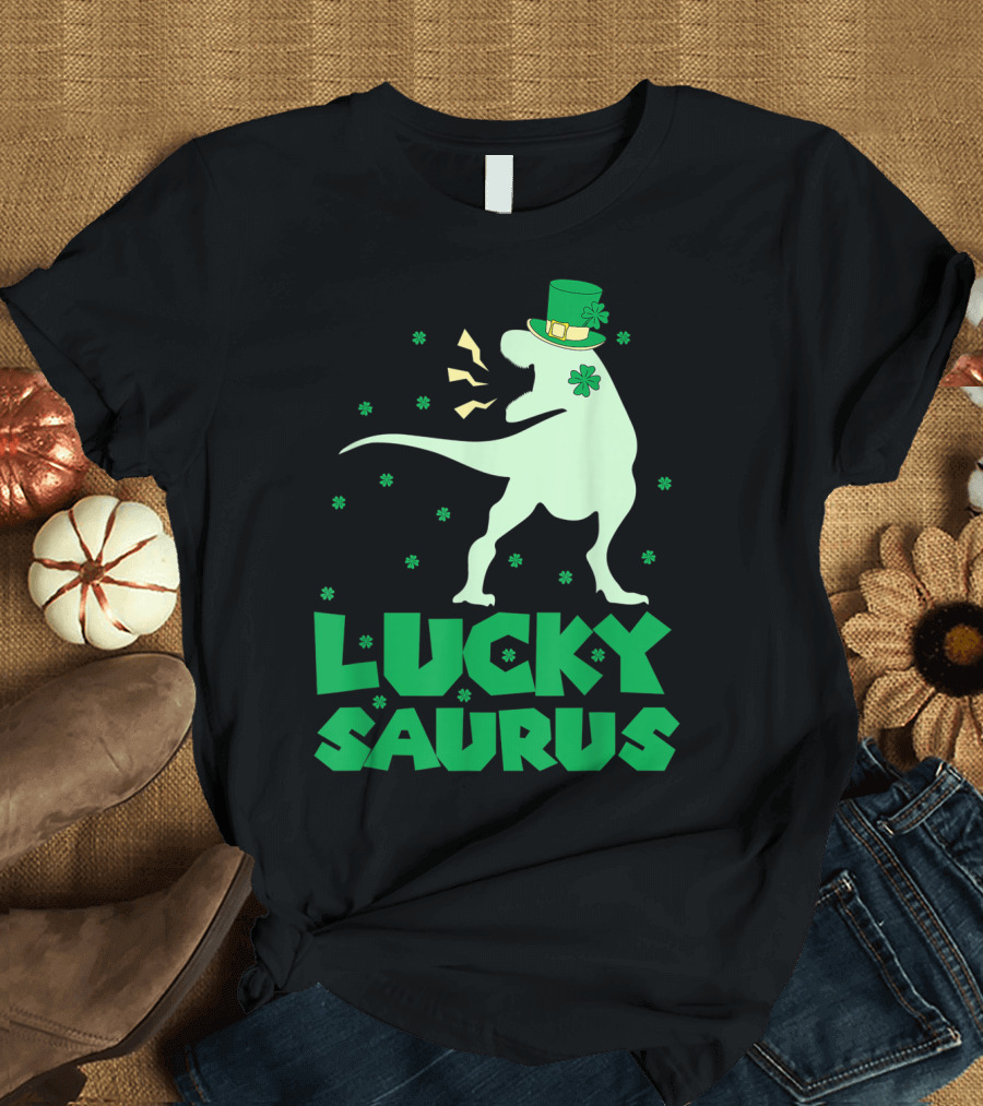 Lucky Saurus Dinosaur with Shamrock Hat and Irish Charm T-Shirt